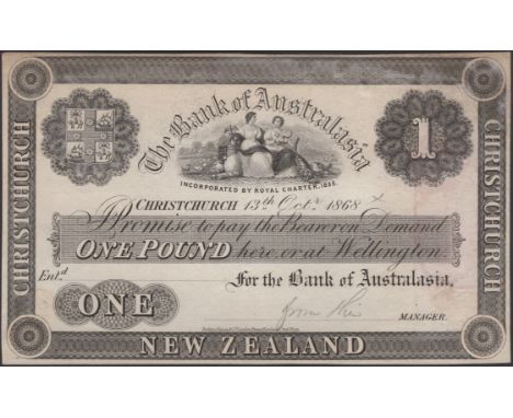 Bank of Australasia, New Zealand, proof £1, Christchurch, 13 October 1868, no signatures or serial number, pencil annotations