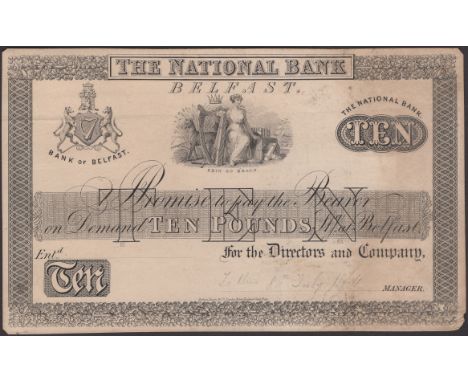 The National Bank, proof £10 on card, Belfast, ND (1861), no signature or serial number, pencil annotations, light mounting t