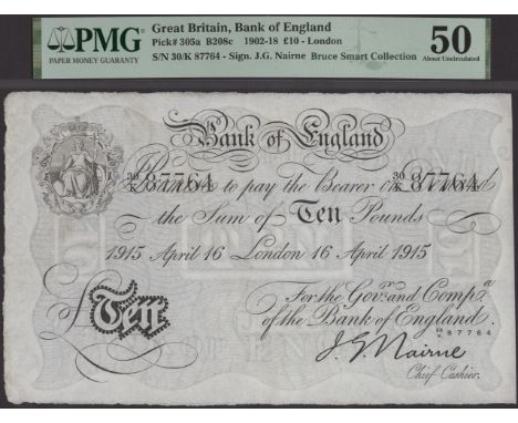 Bank of England, John G. Nairne, £10, London, 17 April 1915, serial number 30/K 87764, in PMG holder 50, about uncirculated, 