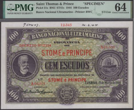Banco Nacional Ultramarino, St Thomas & Prince, printers archival specimen 100 Escudos, 21 March 1944, serial number range A0
