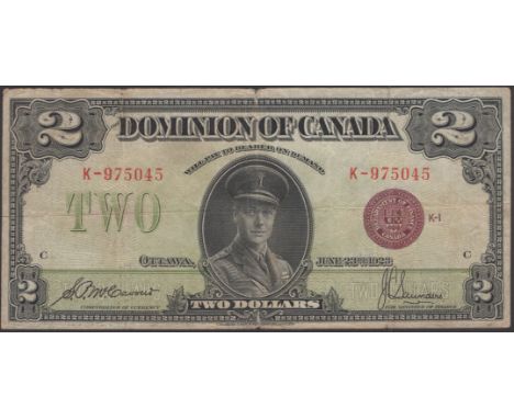 Dominion of Canada, $2, 23 June 1923, serial number K-975045, red seal, series K-1 C, McCavour and Saunders signatures, an at