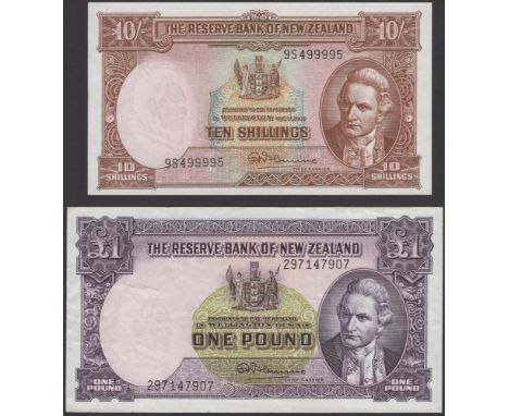Reserve Bank of New Zealand, 10 Shillings, ND (1958), serial number 9S 499995, also £1, ND (1960), serial number 297 147907, 