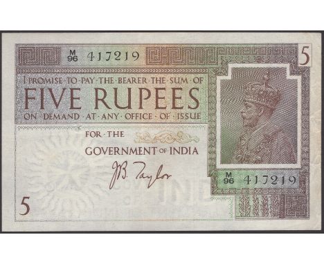 Government of India, 5 Rupees, ND (1917), serial number M/96 417219, Taylor signature, usual spindle hole, good very fine, a 