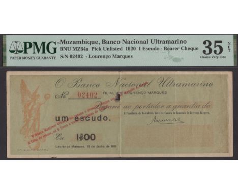 Banco Nacional Ultramarino, Mozambique, 1 Escudo, Circulating Bearer Cheque issue, 10 July 1920, serial number 02402, in PMG 