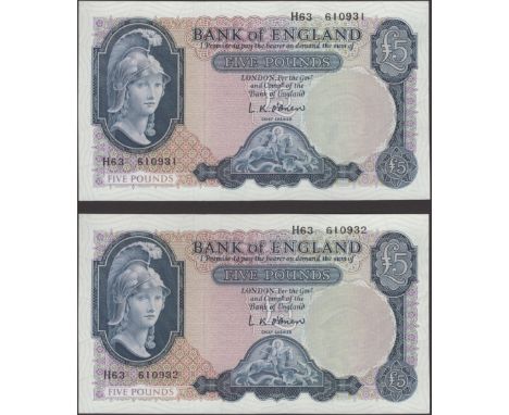 Bank of England, Leslie K. O’Brien, £5 (2), 12 July 1961, serial numbers H63 610931-32, lovely original about uncirculated ex