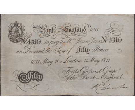 Fleet Bank in England, 50 Pence, 11 May 1811, serial number 4310, signature of R. Denton, some toning and small stains but a 