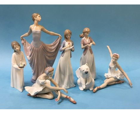 Five Lladro figures and two Nao figures