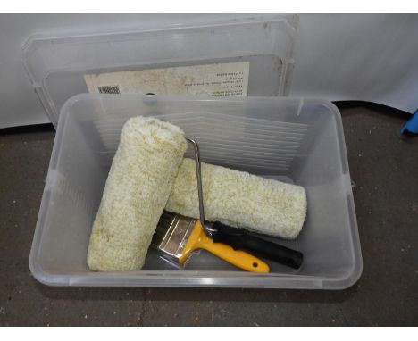 Lidded Plastic Storage Box and Contents - Paint Roller and Brush 
