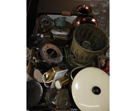 Box of Metalware and Table Lamp 