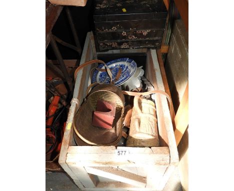 Vintage Wooden Trunk and Contents - China, Brassware etc 