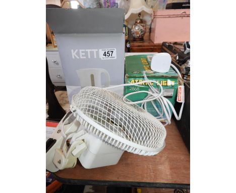 Kettle, Boxed Atomic Light and Desk Fan 