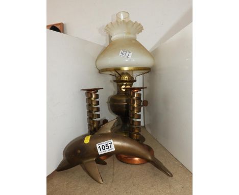 Pair of Unusual Brass and Copper Candlesticks, Brass Oil Lamp and Brass Dolphin 