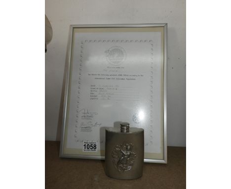 Framed Fishing Certificate and Hip Flask with Fishing Decoration 