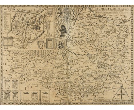 Somerset.- Speed (John) Somerset-Shire described, inset bird's-eye view of Bath, upper left, coats of arms lower left, royal 