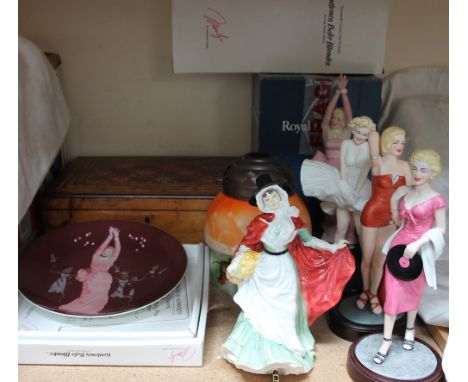 A Walnut marquetry box together with a Royal Doulton figure 'Marilyn Monroe', figure and plate and a lamp shade