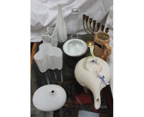 A Jen Woo, Franz porcelain dragonfly teapot together with  Rosenthal vases, glass vase, menorah etc