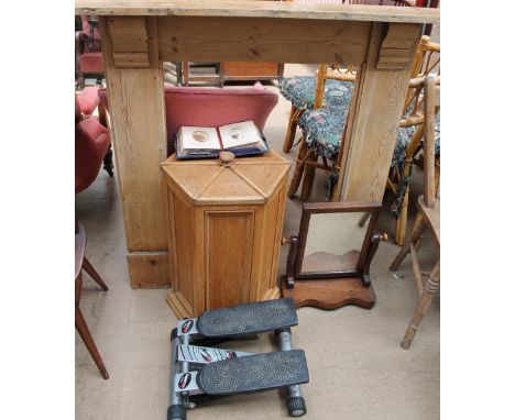 A pine fire surround together with an oak hexagonal topped cabinet, a leather-bound photograph album, toilet mirror and step 