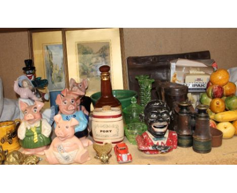 A set of five Natwest piggy banks together with a Nao figure, prints, brass wares, negro money box, Lurpak butter dishes, Le 