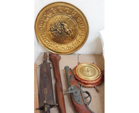 A lion tipped carved walking stick together with a replica pistol, carving set etc