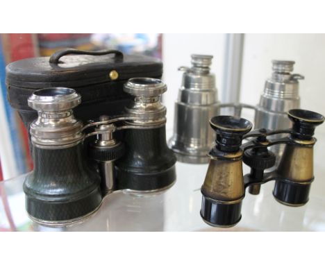 A pair of cased leather opera glasses, together with another pair of opera glasses, binocular shaped hip flask 