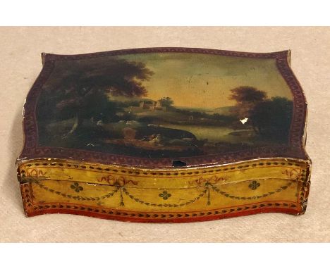 Fine antique Georgian hand painted box lided painted with country scenevmeasures approx 12ins by 8.5ins and 3ins deep light e