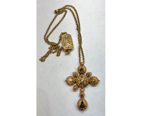 18th century gold and rose diamond flemish cross and chain  has been acid tested and looks high grade gold 18ct missing 1 sma