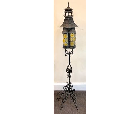 Rare gothic castle wrought iron stained glass , floor standing oil lamp 