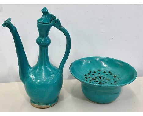 18th Century Persian turquiose glazed ewer and basin, ewer measures approx 35cm tall the basin measures approx 24cm dia minor