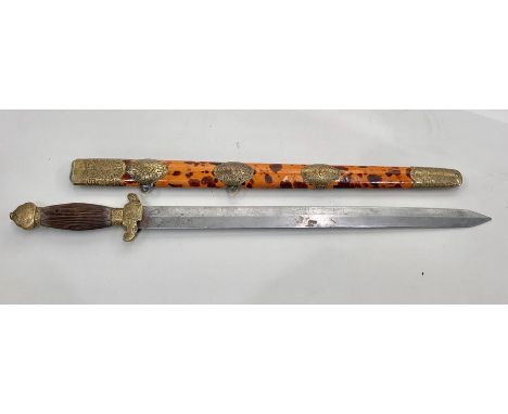 Antique Chinese boxer rebellion period sword  with double edged steel blade, relief decorated brass hilt with fluted wood gri