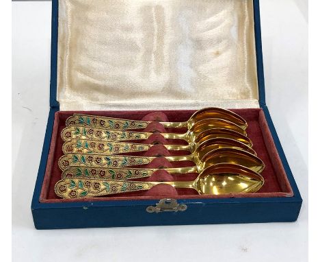 6 Boxed Russian silver &amp; enamel tea spoons Russian silver hallmarks 