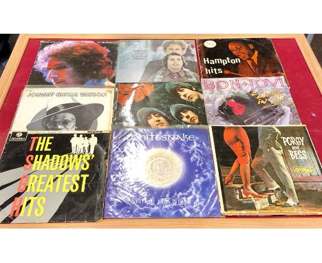 Selection of 9 lps includes Whitesnake, Beatles the shadows Johnny Watson, Bob Dylan Hampton hits  etc 