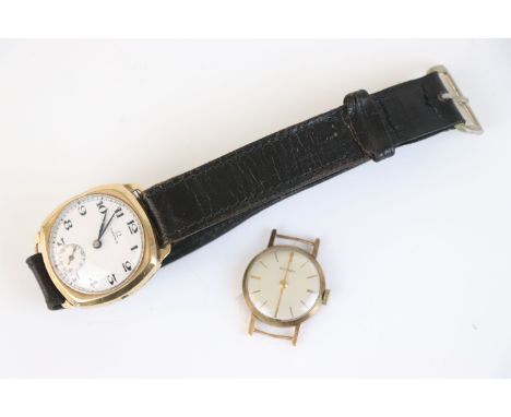 A vintage Omega gents wristwatch in a fully hallmarked 9ct gold Denison case, white enamel dial with sub second hand to 6 o'c