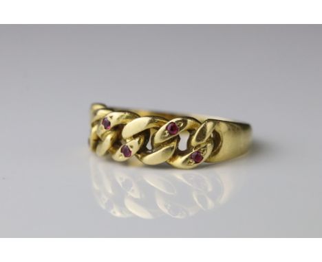 Ruby 18ct yellow gold flat curb link style ring, six small round mixed cut rubies, flush set, ring size O 