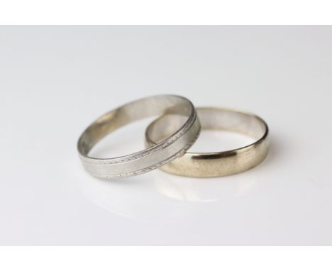 9ct white gold plain polished wedding band, width approx 4mm, ring size R (needs rhodium plating) together with a white metal