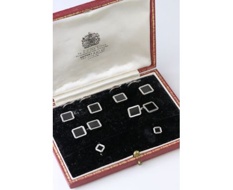 Onyx 9ct carat white gold Gentleman's cufflinks, buttons and dress stud set, square flush set black onyx with stepped engine 