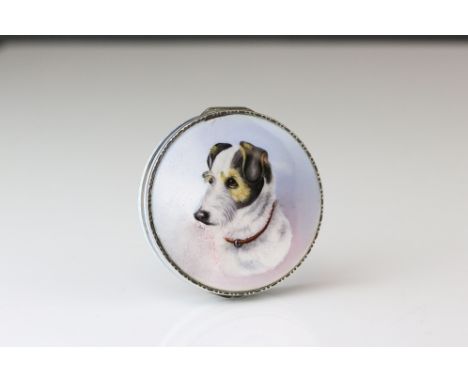 Continental enamelled silver trinket/ pill box, the hinged lid with enamelled Jack Russell dog's head, blue and pink ombre en