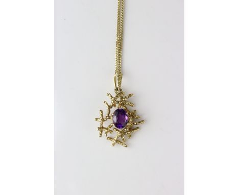 Amethyst 9ct yellow gold pendant necklace, the oval mixed cut amethyst set to textured abstract surround, length approx 2.5cm