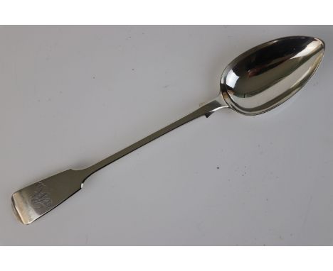 Victorian silver basting spoon, fiddle pattern, monogrammed finial, makers Henry Holland, London 1875, length approx 30cm 