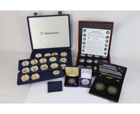 A collection of commemorative coins and medallions to include 2014 D-Day enamel crown, the princess Diana life and legacy col