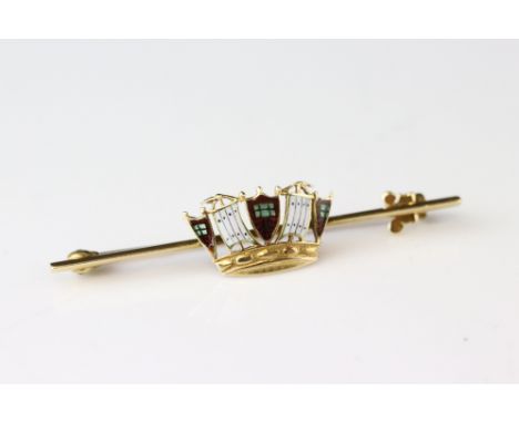 Enamelled 18ct yellow gold Merchant Navy sweetheart brooch; white, red and opalescent enamel to emblem, hinged pin and loop b