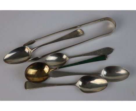 A collection of fully hallmarked sterling silver to include Georgian teaspoons, sugar tongs and a Danish enamel spoon. 