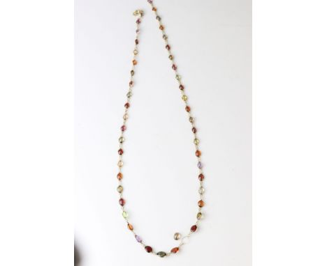 Multi gemstone unmarked yellow gold riviere necklace, comprising garnet, orange garnet, citrine, amethyst, smoky quartz, peri