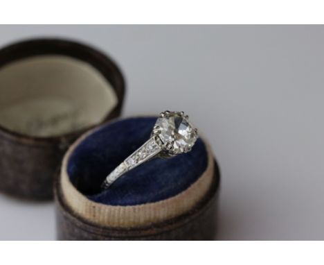 Diamond solitaire unmarked white gold ring, the cushion cut diamond weighing approximately 1.25 carats, assessed clarity P2, 