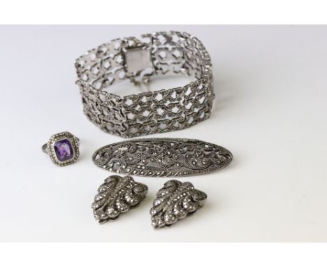 Marcasite silver jewellery to include a panel bracelet, pierced form, tongue and box clasp with safety chain, width approx 2.