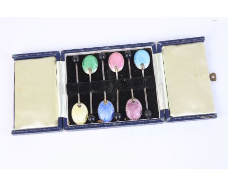 A cased set of six fully hallmarked sterling silver &amp; enamel scalloped coffee bean spoons, maker marked for Turner &amp; 