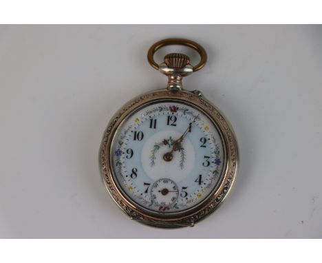 A continental .800 silver pocket watch with floral decorative enamel and sub second hand to 6 o'clock. 