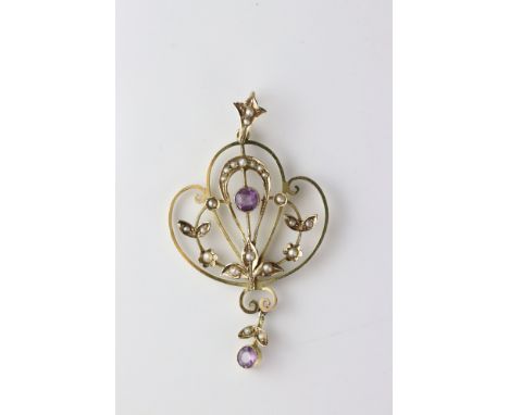 Edwardian amethyst and seed pearl 9ct yellow gold pendant, openwork sinuous design, leaf and flower motifs set with seed pear
