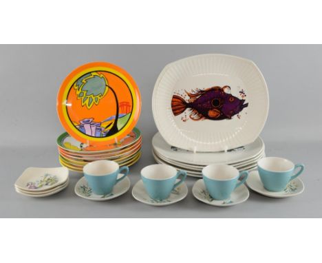  Group of mid to late 20th C ceramics, Aquarius Fish plates by Washington pottery, 1970's , eight Living landscapes of Claric