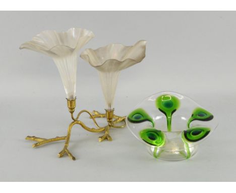 Art Nouveau glass, a naturalistic form epergne with two opalescent 'lily' trumpets and a clear glass vase with green roundels