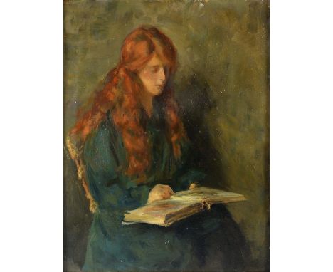 Early 20th century portrait of a young lady with red hair reading a book, unsigned, oil on board, 44cm x 34cm, 